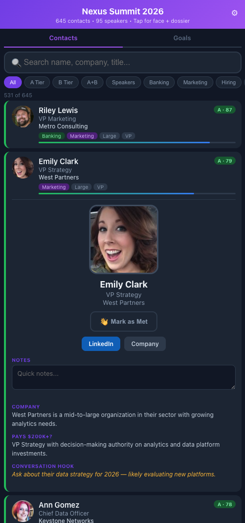 Conference tool showing an expanded contact card with photo, tags, conversation hook, and mark-as-met button