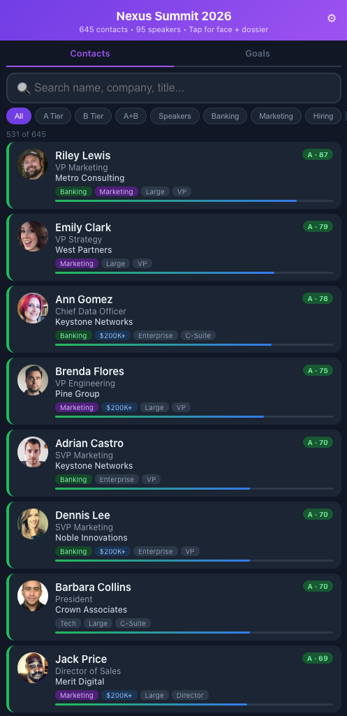 Conference tool list view showing tiered contacts with photos, tags, and scores
